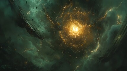 Epic Golden Vortex in Dark Nebula Space Scene
