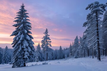 Pine trees covered with snow on frosty evening. Beautiful winter panorama