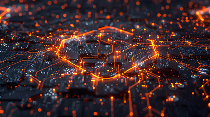 Digital landscape featuring intricate circuit patterns illuminated by glowing orange lights at night