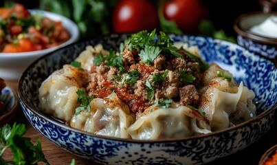 Elegant presentation of Kazakh manti dumplings with spiced meat and fresh herbs