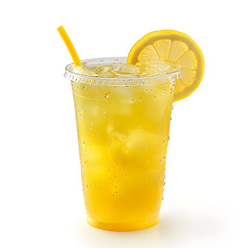 Iced lemonade in a plastic cup with straw and lemon slice isolated on white background