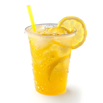 Iced lemonade in a plastic cup with straw and lemon slice isolated on white background