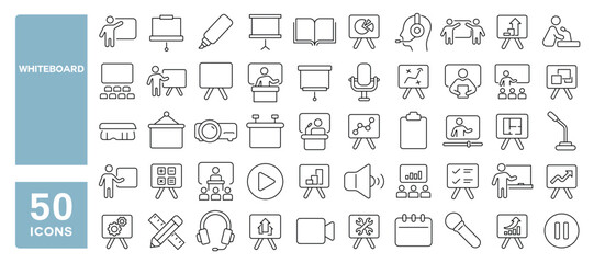 Set of 50 line icons related to whiteboard, board, clipboard, analysis, report, statistics, presentation, marker, projector, diagram, monitor, Editable stroke. Vector illustration