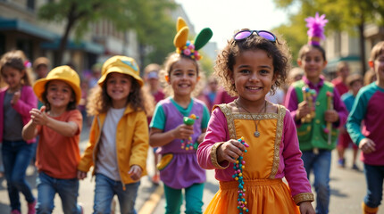 Fototapeta premium groupe d'enfant qui parade dans la rue pour Mardi-gras