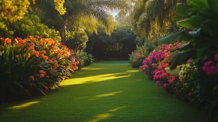 Fototapeta premium The garden bursts with life as colorful flowers bloom along the edges of a perfectly manicured green lawn, radiating natural beauty.