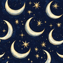 Naklejka premium Abstract crescent moon and star motifs on a deep navy blue background with glowing edges 