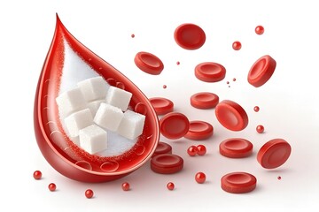 Realistic 3d blood drop with sugar pieces inside. Testing blood glucose concept. Diabetes world day. Vector illustration