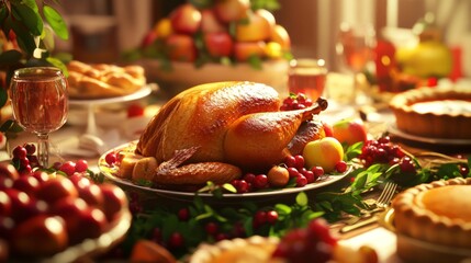 Festive thanksgiving feast with turkey, fruits, and pies amid warm autumn setting