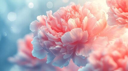 Coral peony flowers background close up