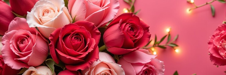 Heart-shaped bouquet of roses and tulips with glowing highlights, love