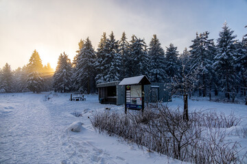 Romantische Winterwanderung auf den höchsten Gipfel vom Rennsteig - der Schneekopf bei Schmiedefeld im Abendlicht - Thüringen - Deutschland