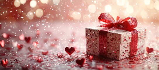 Fototapeta premium Festive gift box with red ribbon amidst falling snow and heart decorations