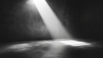 Dramatic light beam illuminating dark empty room