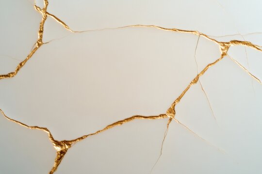 Golden cracks repairing a white surface, creating a kintsugi effect