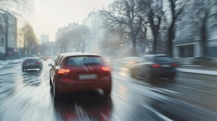 Fototapeta premium Red car driving swiftly through rainy urban street in winter