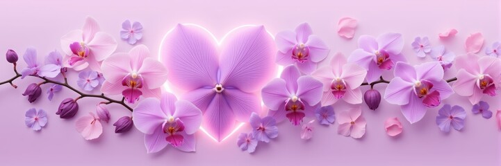 Fototapeta premium Orchids in heart shape bloom with glowing highlights, love symbolism