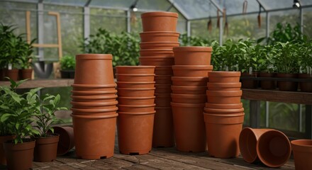 Stacks of brown gardening pots in a greenhouse with lush green plants