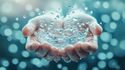 Capturing the beauty of water droplets splashing in open hands with a soft focus background creating a serene atmosphere. Generative AI