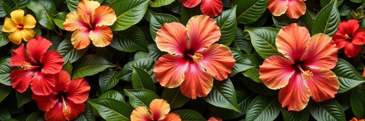 Vibrant hibiscus and anthurium blooms with lush green leaves, tropical beauty