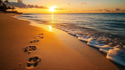 Golden Sunset Footprints On Sandy Beach Shore