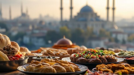 Traditional turkish feast at sunset with iconic mosque silhouette