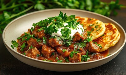 Savory pork stew with onions, garlic, and sour cream served with thick pancakes on a warm background