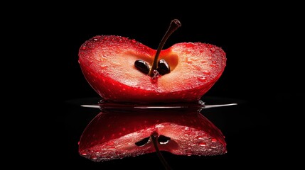 Vibrant red apple half showcasing glistening skin and exposed seeds, inviting a closer look at its juicy interior and natural appeal