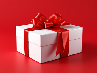 Obraz premium White gift box with red ribbon on a red background.