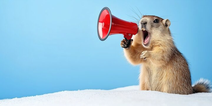 Enthusiastic Groundhog with Megaphone Celebrating Happy Groundhog Day.