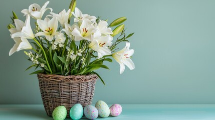 Obraz premium Spring lilies in woven basket with colorful easter eggs on teal background