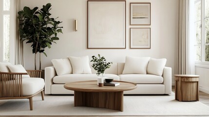 Living room interior, neutral color palette, white sofa, wooden coffee table, potted olive tree, minimalist wall art, textured wallpaper, natural light, cozy atmosphere, Scandinavian design influence,