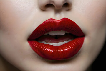 Obraz premium Close-up of glossy red lips with teeth visible, detailed and realistic