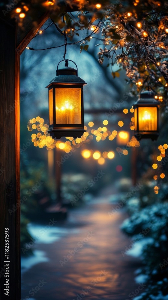 Poster enchanting lantern walk vintage lanterns and string lights in a winter wonderland