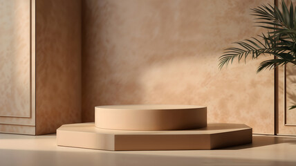 Minimalist beige podium with plant decor on neutral background