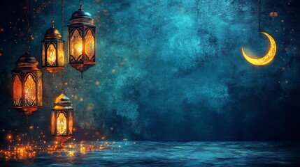 Ramadan background, Decorative crescent moon and star motifs forming an ornate frame, warm golden tones