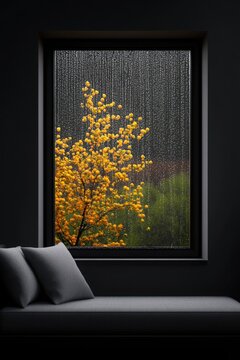 Fototapeta Rainy day view from a cozy room with a golden tree outside the window