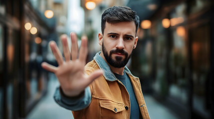 Obraz premium Man refusing alcohol by showing a stop hand gesture, symbolizing health consciousness and the decision to quit drinking -