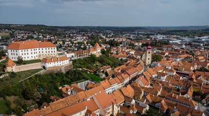 Obraz premium Aerial view of Ptuj wonderful old town. Undiscovered gem in Slovenia.