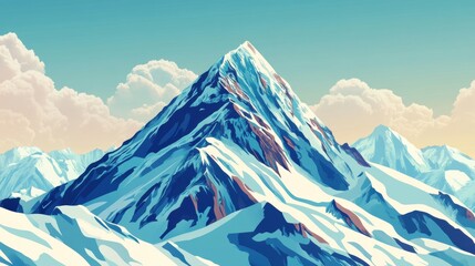 Stylized snow-capped mountain peak, majestic heights, serene landscape, vibrant colors, nature's grandeur, tranquil atmosphere