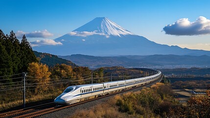 Shinkansen Bullet Train Passes Mount Fuji In Autumn