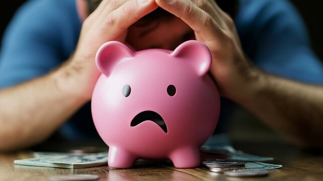 Worried male adult facing financial stress with sad piggy bank