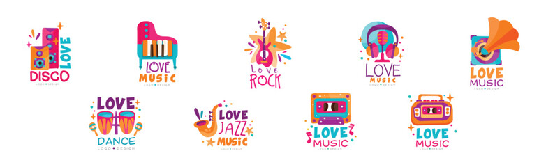 Bright Music Logo with Musical Instrument Vector Set