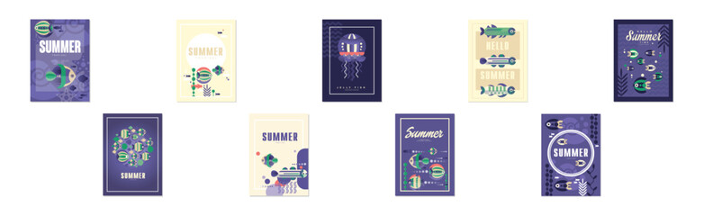 Summer Ocean and Underwater Banner with Fish Swimming in Sea Vector Set