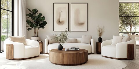 Living room interior, neutral color palette, white sofa, wooden coffee table, potted olive tree, minimalist wall art, textured wallpaper, natural light, cozy atmosphere, Scandinavian design influence,