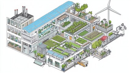 Sustainable Urban Living: A Vertical City with Green Roofs and Vertical Farms