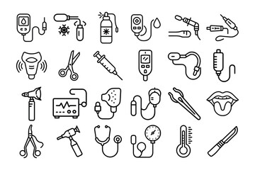 Set of Medical Equipment & Supplies Icons Line Art Vector Illustration