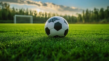 Soccer ball on lush green field with goalpost under cloudy sky at sunset