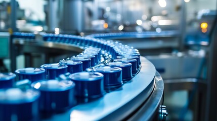 Automated production line with blue containers in modern factory