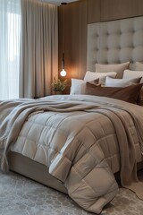 Bedroom with a king-sized bed, luxurious bedding, modern nightstands, and soft lighting, creating a serene retreat.