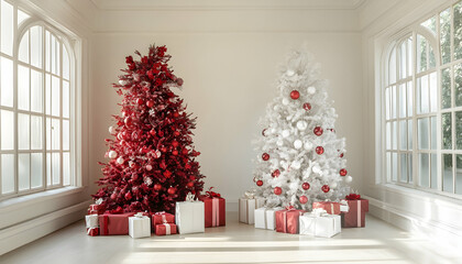Minimalist Dual Christmas Trees with Red Decor and White Presents in Bright Room  -